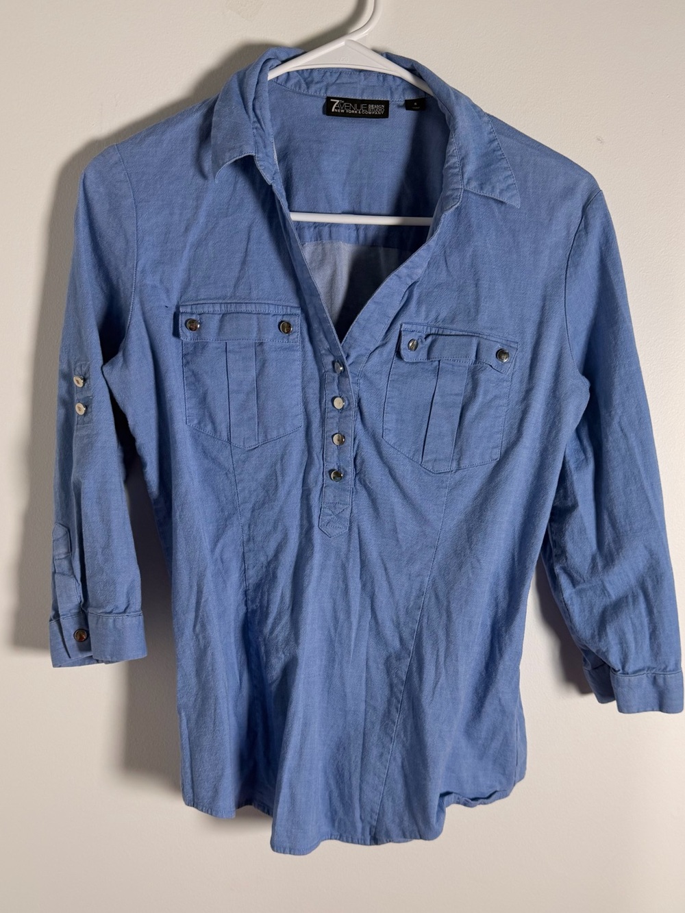 7th avenue ny & company 3/4 sleeves denim button-up shirt v-neck collared